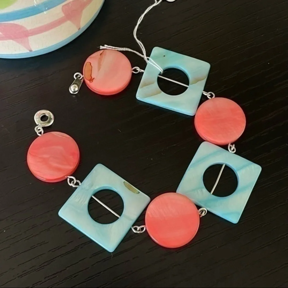 2/$49 Handmade Geometric Shell Bracelet Blush Pink Sky Blue 8.25” Chunky Beach